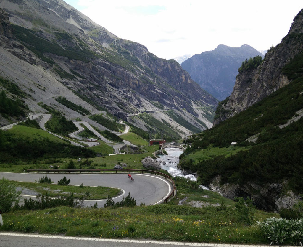 The incredible Stelvio Pass. You can see why brakes are essential.